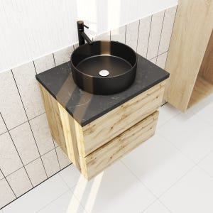 Meuble salle de bains 60cm Chêne Naturel 2 Tiroirs - Plan Effet Marbre Noir + Vasque Ronde Noire
