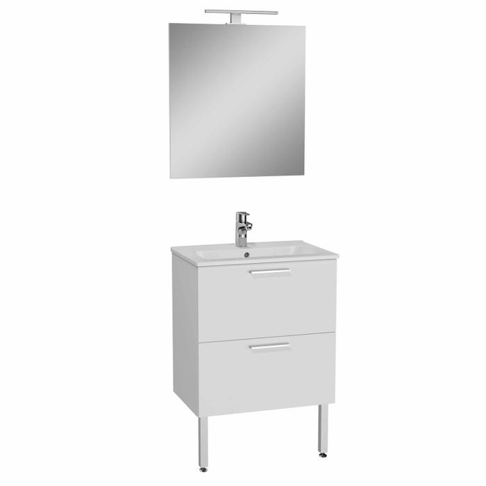 Set de meuble MIA avec plan en céramique et miroir - Coloris meuble: blanc - Finition meuble : brillant- Avec 2 tiroirs - Coloris vasque: blanc -