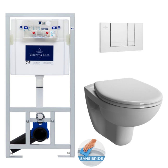 Villeroy & Boch Pack WC Bâti-support Viconnect + WC sans bride Vitra Normus + Abattant softclose + Plaque blanche