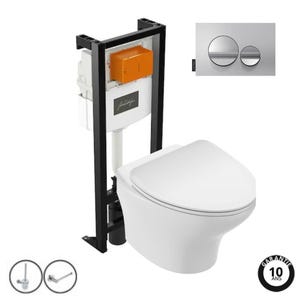Pack WC suspendu sans bride JACOB DELAFON Nouvelle vague+ bâti-support + plaque Chrome brillant/Chrome mat + accessoires