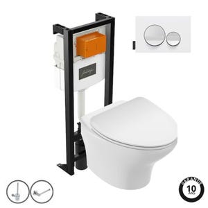 Pack WC suspendu sans bride JACOB DELAFON Nouvelle vague+ bâti-support + plaque Blanc brillant/Blanc mat + accessoires