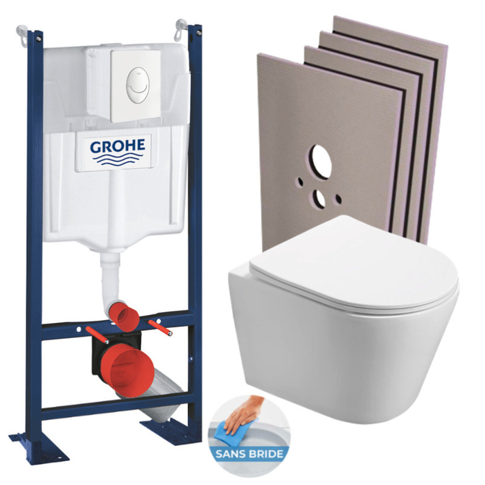 Grohe Pack WC Bâti autoportant + WC sans bride SAT Infinitio + Abattant softclose + Plaque blanc alpin + Set habillage