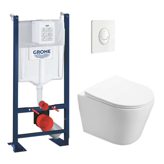 Grohe Pack WC Bâti autoportant + WC sans bride SAT Infinitio + Abattant softclose + Plaque blanc alpin (ProjectInfinitio-3)