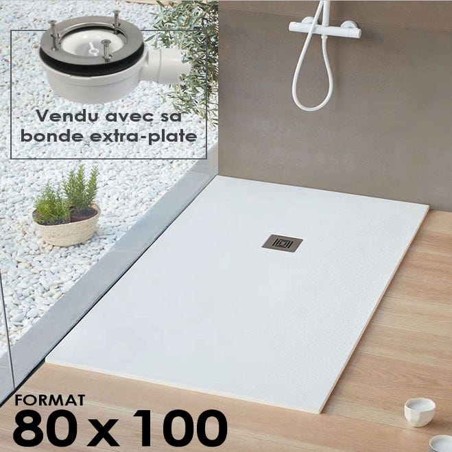 Receveur de douche extraplat, résine, blanc L.100 x l.80 cm, Logic de marque SANYCCES + Bonde extra-plate