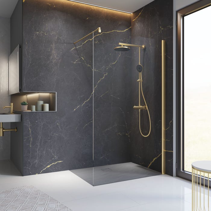 Schulte paroi de douche fixe à l'italienne dorée, 90x200 cm, verre 6 mm transparent, Walk In couleur, profilé or mat à clipser