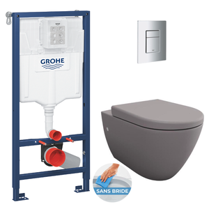 Grohe Pack Bâti-support RAPID SL + WC sans bride gris mat et fixations invisibles + Plaque chrome (RapidSL-GreyBello-1)