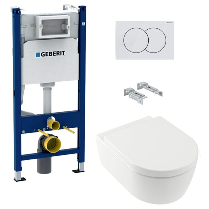 Pack WC Bati support Geberit + WC Villeroy & Boch ArceauRimless + abattant SoftClose + Plaque Blanche (ArceauRimlessGeb3)