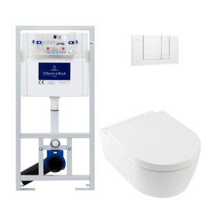 Villeroy & Boch Pack WC Bâti-support Cuvette Arceau rimless + Abattant softclose + Plaque blanche (ViConnectArceauRimless2)