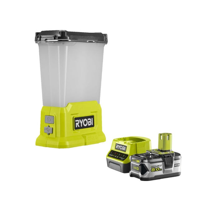 Pack RYOBI Lanterne LED 18V One+ 850 Lumens RLL18-0 - 1 Batterie 5.0Ah - 1 Chargeur rapide RC18120-150