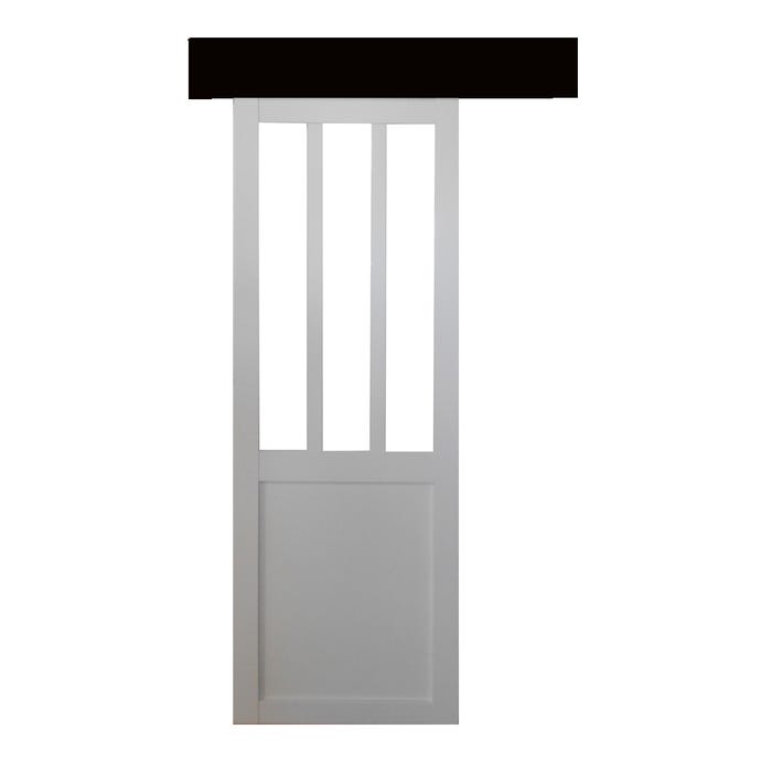 Porte Coulissante Atelier blanc H204 x L73 + Rail Alu bandeau noir GD MENUISERIES