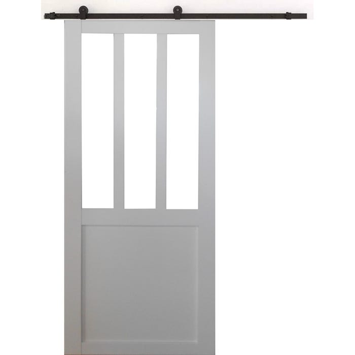 Porte Coulissante Atelier blanc H204 x L73 + Rail à roulettes Noir GD MENUISERIES