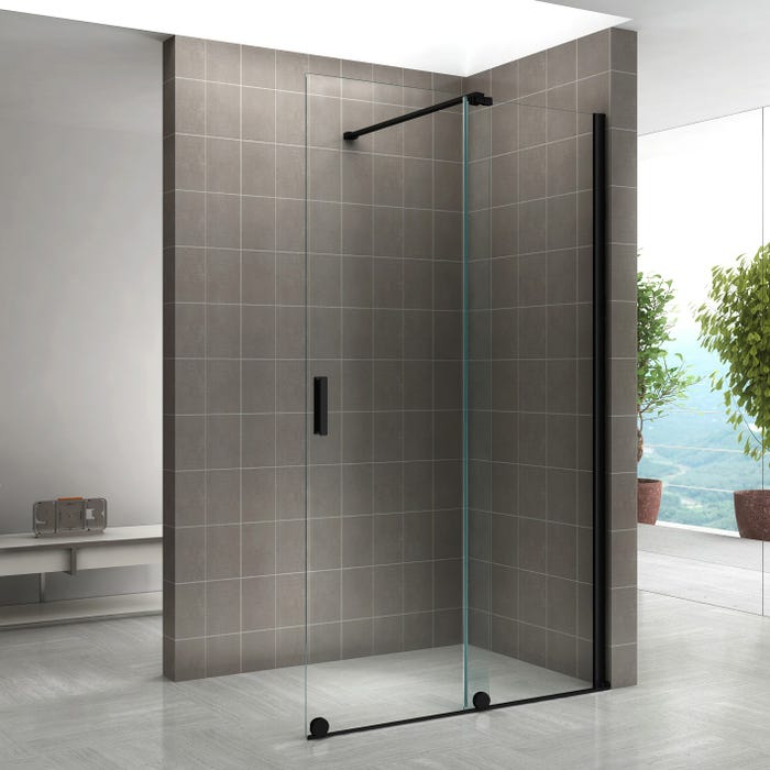 NAPOLIBLACK Paroi de douche Italienne noire avec porte coulissante Ep.8 mm transparent H.200 x 180 cm