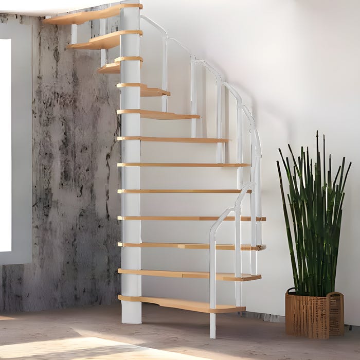HandyStairs escalier en colimaçon "Radius" - 120x60 cm - hauteur 299 cm - 12 marches en hêtre - Blanc