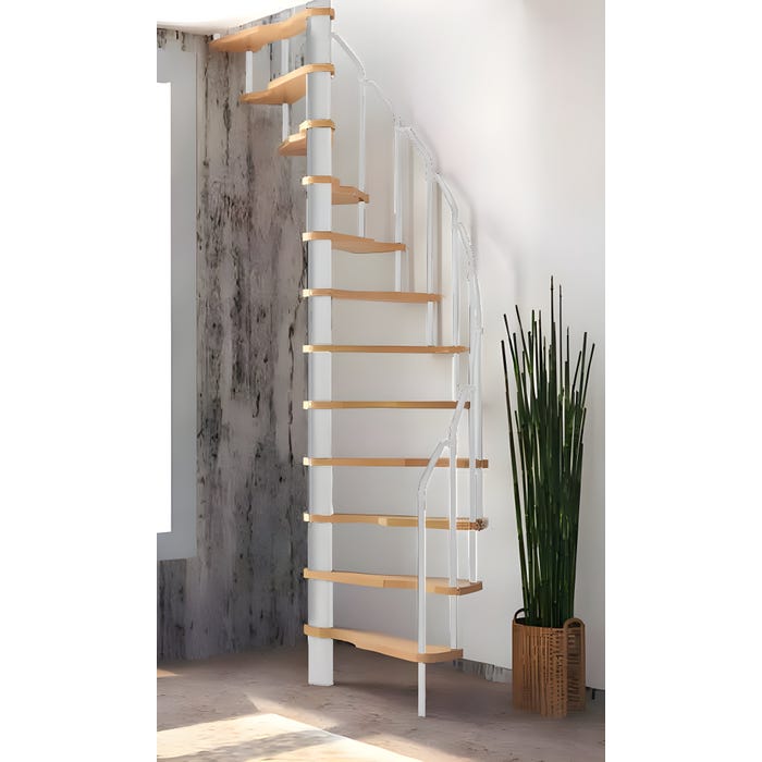 HandyStairs escalier en colimaçon "Radius" - 120x60 cm - hauteur 299 cm - 12 marches en hêtre - Blanc
