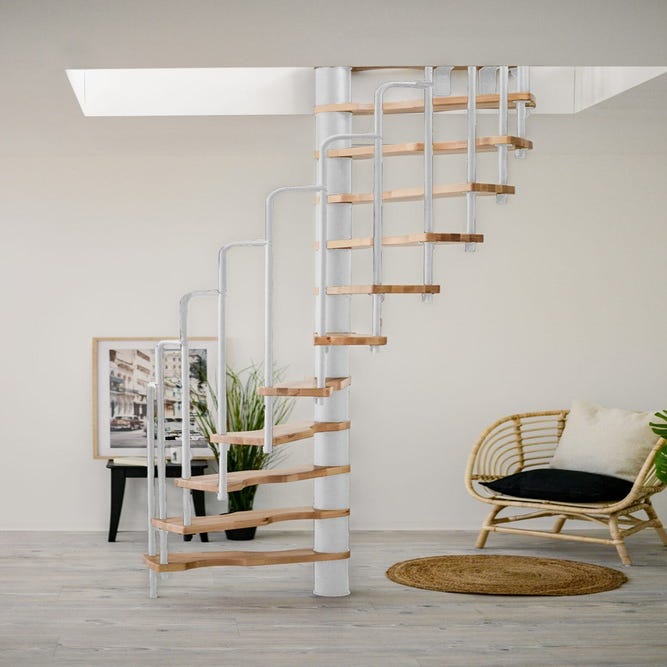 HandyStairs escalier en colimaçon gain de place "Sampax" - 140x70 cm - hauteur 299 cm - 12 marches en hêtre - Blanc