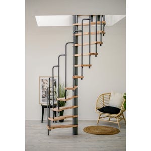HandyStairs escalier en colimaçon gain de place "Sampax" - 120x60 cm - hauteur 299 cm - 12 marches en hêtre - Gris