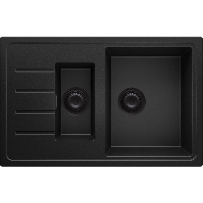 Evier Cuisine en Granit Tout Noir, 78 x 50 cm, Lavabo 1,5 bac + Kit de Vidage, Évier à Encastrer de Primagran