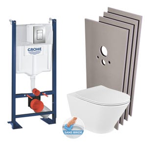 Grohe Pack WC Bâti autoportant + WC Roca Gap sans bride fixations invisibles + Plaque chrome + Set habillage (ProjectTheGap-1-sabo)