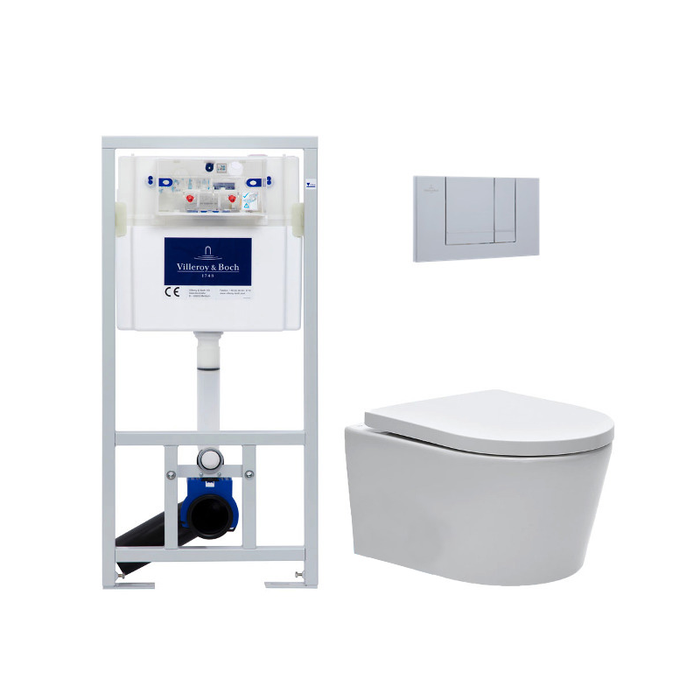 Villeroy & Boch Pack WC Bâti-support + WC Swiss Aqua Technologies sans bride et fixations invisibles + Plaque chrome mat (ViConnectSATrimless-3)