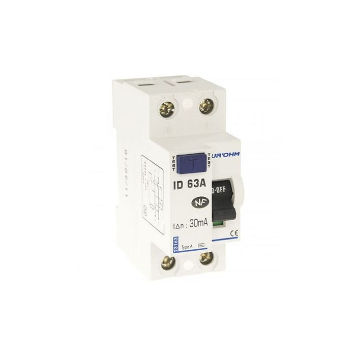 Interrupteur différentiel 1P+N 30mA connexion haut/bas Classe A 63A - 2 modules