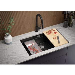 Évier Sous-Plan en Granit Noir 76x47 cm, Lavabo Cuisine 1 Bac + Kit de Vidage + Robinet, Évier au meuble 80cm, Évier de Primagran