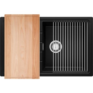Evier Cuisine en Granit Noir Metallic, 78 x 50 cm, Evier Multifonction 1 bac + Equipee Complete, Évier à Encastrer de Primagran