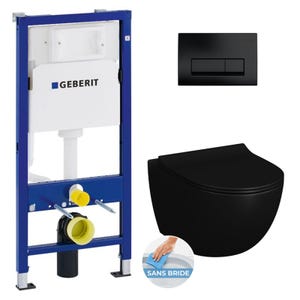Pack WC Bati-support Geberit Duofix + WC sans bride Vitra SENTO noir mat + Abattant frein de chute + Plaque noire mat