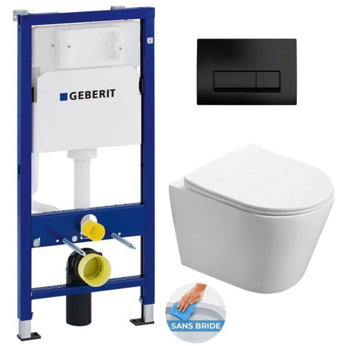 Pack WC Bati-support Geberit + WC Swiss Aqua Technologies Infinitio sans bride + plaque Delta 50 noir mat