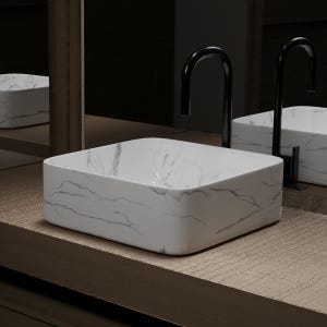 Vasque à poser Carrée en Céramique Blanche Mat Effet Marbre - 38x38x13 cm - WHITE MARBLE
