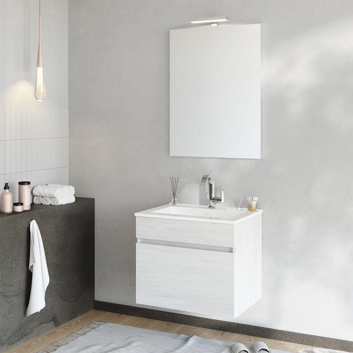 BOGOTA Meuble salle de bain simple vasque 1 tiroir Chêne blanc largeur 60 cm + miroir