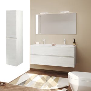 EASY Meuble salle de bain double vasque 2 tiroirs Chêne clair largeur 120 cm + miroir + colonne