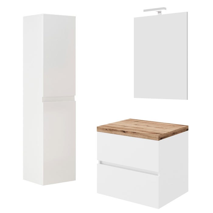 CITY Meuble simple vasque à poser 2 tiroirs Blanc et plan chêne naturel largeur 60 cm + miroir + colonne