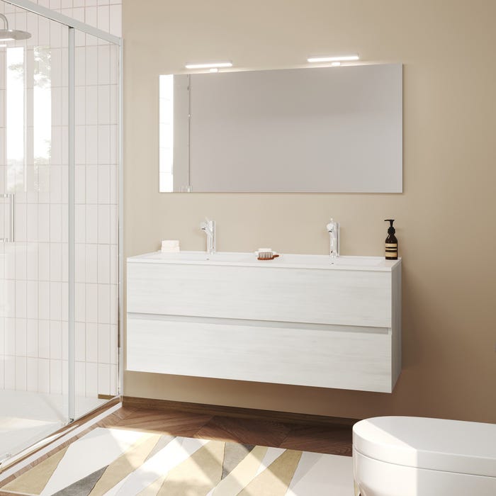 EASY Meuble salle de bain double vasque 2 tiroirs Chêne clair largeur 120 cm + miroir