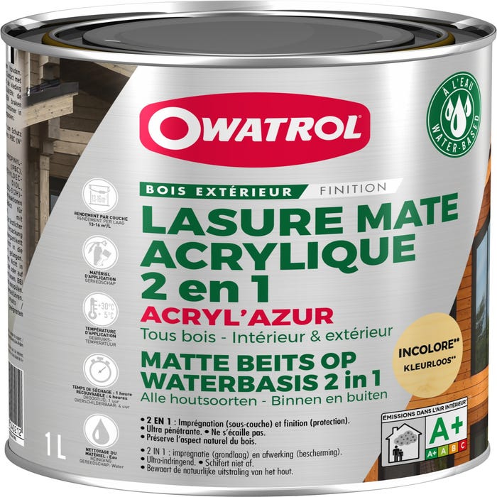 Lasure acrylique mate Owatrol ACRYL'AZUR Incolore (li280) 1 litre