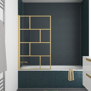 Pare-baignoire rabattable 80x140cm Sérigraphie type Briques - Or Doré Brossé - GOLDY BLOCKS