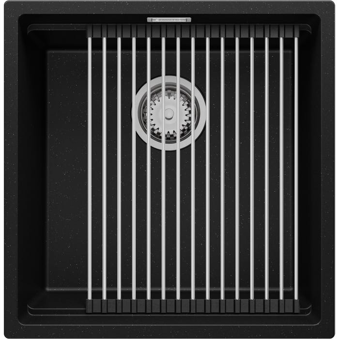 Évier Sous-Plan en Granit Noir Metallic 46x47 cm, Lavabo Cuisine 1 Bac + Kit de Vidage, Évier au meuble 50cm, Évier de Primagran