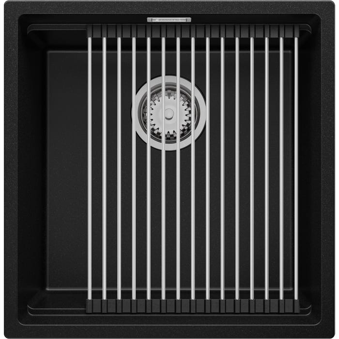 Évier Sous-Plan en Granit Noir 46x47 cm, Lavabo Cuisine 1 Bac + Kit de Vidage, Évier au meuble 50cm, Évier de Primagran