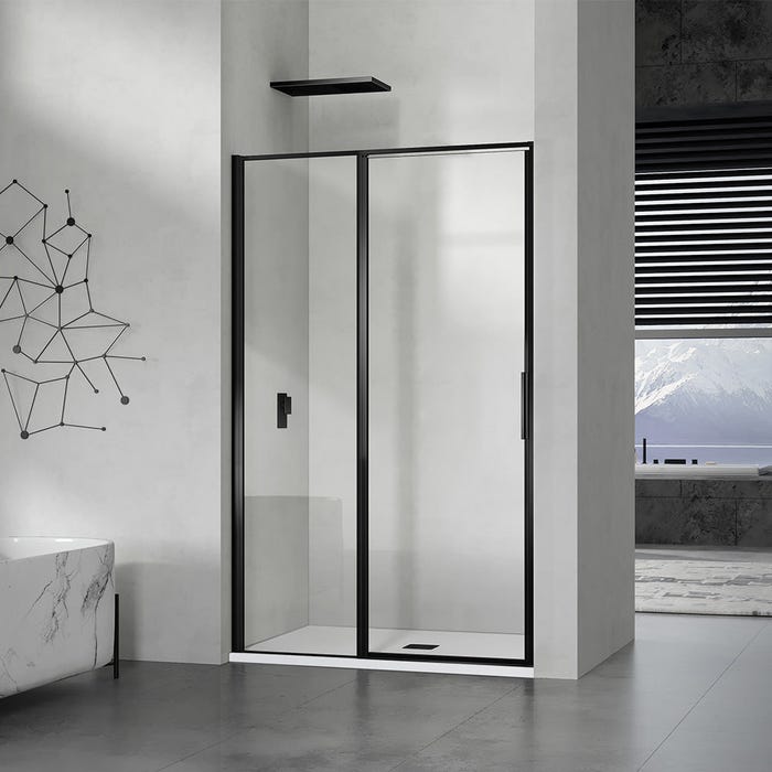GRAND VERRE Porte de douche à ouverture pivotante intérieure et extérieure 90x190 en alu noir mat