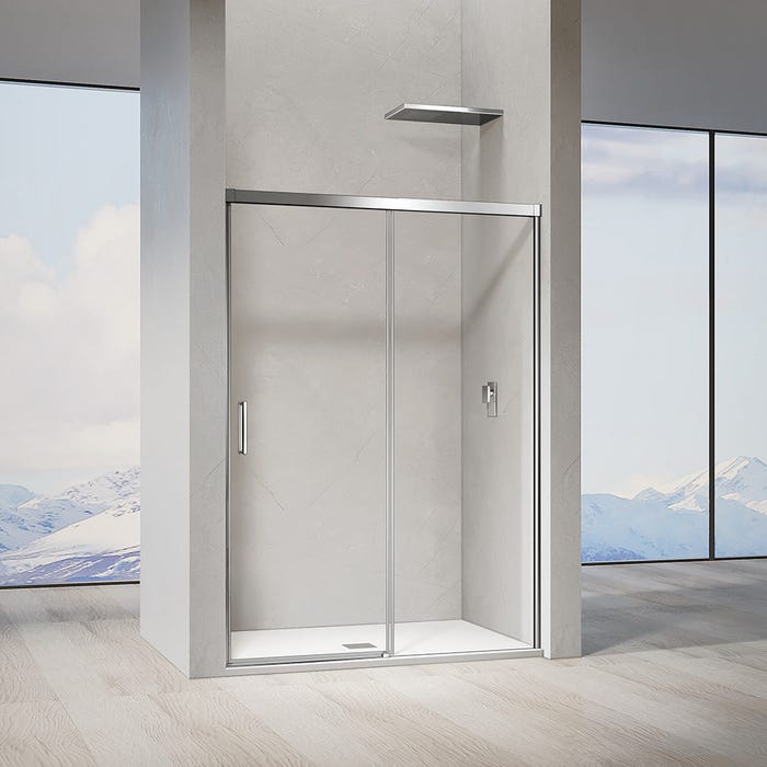 GRAND VERRE Porte de douche coulissante 140x 195 à amortisseurs en verre clair 8mm avec cadre chromé