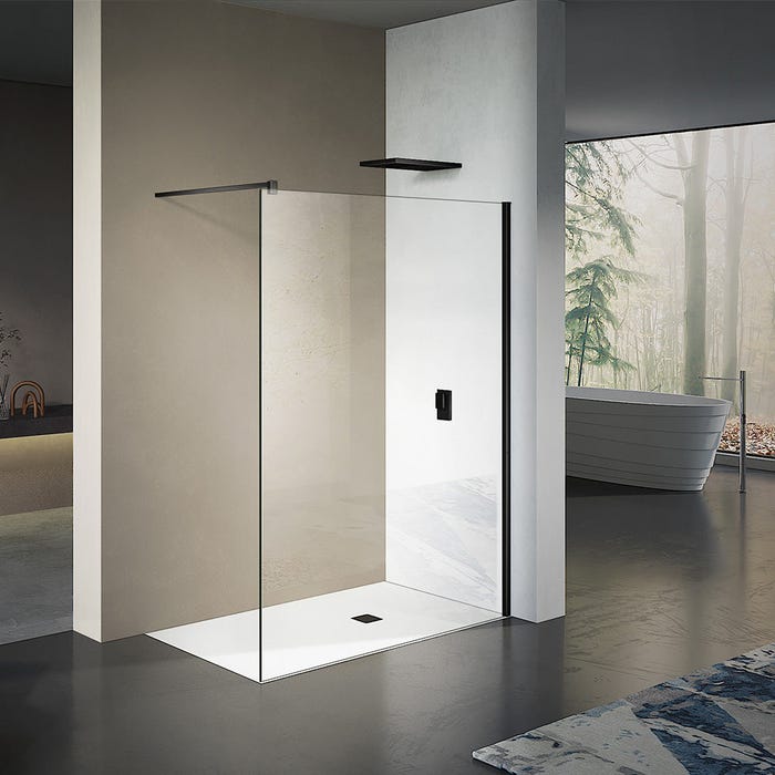 GRAND VERRE Paroi de douche à l'Italienne avec profilé et barre de fixation en noir mat en verre 8mm anti-calcaire 110x200