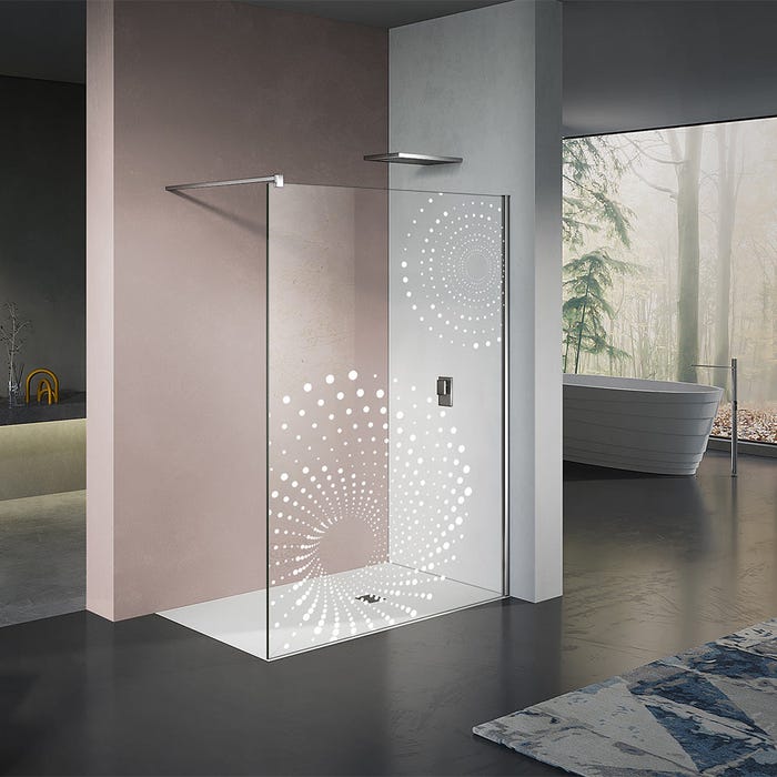 GRAND VERRE Paroi de douche à l'Italienne 100x200 en verre 8mm sérigraphié avec motif Tourbillon profilé et barre de fixation en blanc mat
