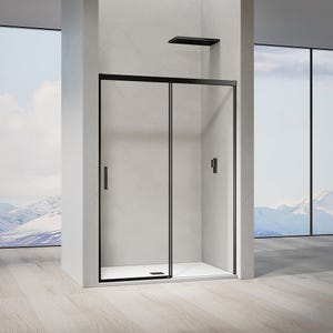 GRAND VERRE Porte de douche coulissante 130x 195 à amortisseurs en verre clair 8mm avec cadre noir mat