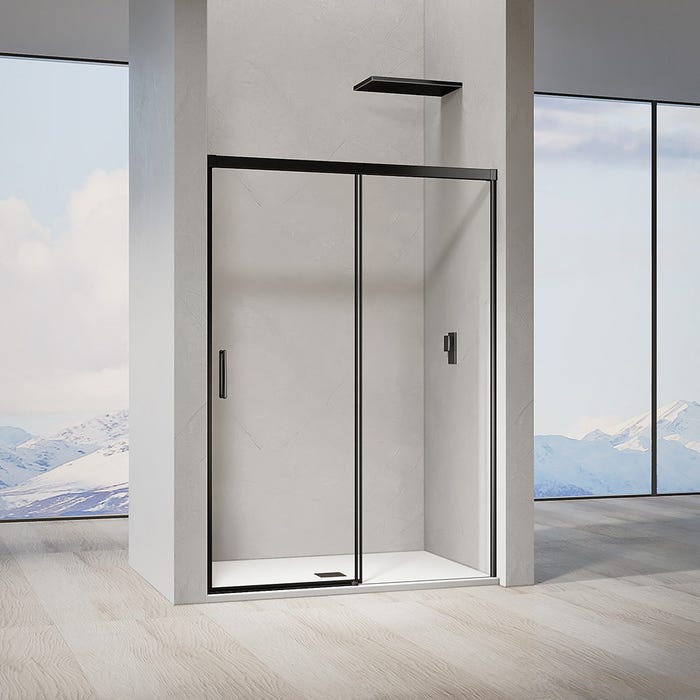 GRAND VERRE Porte de douche coulissante 150x 195 à amortisseurs en verre clair 8mm avec cadre noir mat