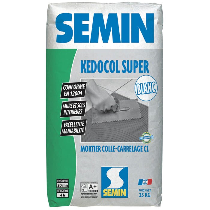 Mortier Colle pour Carrelage Kedocol Super Blanc Semin, Poudre, Intérieur, sac de 25 kg