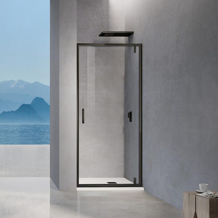 GRAND VERRE Porte de douche pivotante 100x195 avec profilés en noir mat ouverture 180° pour installation en niche