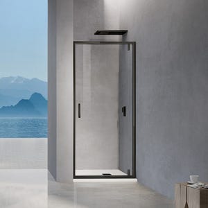 GRAND VERRE Porte de douche pivotante 80x195 avec profilés en noir mat ouverture 180° pour installation en niche