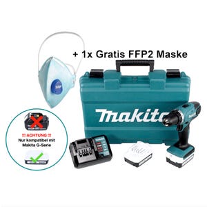 Makita DF 347 DWE Perceuse-visseuse sans fil 14,4 V 30 Nm série G + 2x Batteries 1,5 Ah + Chargeur + 1x Masque FFP2 + Coffret