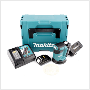 Makita DBO 180 RYJ Ponceuse excentrique sans fil, 18V + 2x Batteries 1,5Ah + Chargeur + Makpac