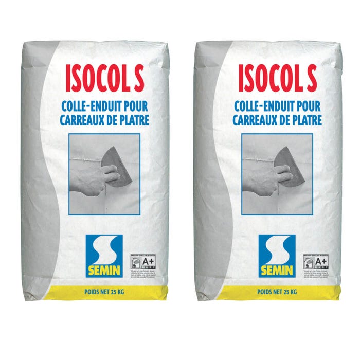 Colle pour Carreaux de Plâtre Isocol Super Semin, Intérieur, Poudre, Sac 25 kg, lot de 2
