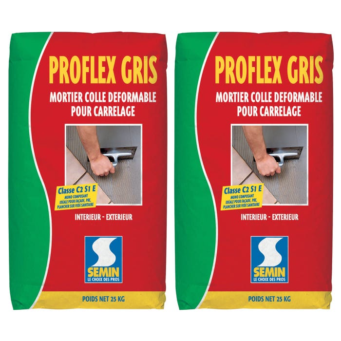 Mortier Colle Déformable pour Carrelage Proflex Gris Semin, Intérieur/Extérieur, sac de 25 kg (lot de 2)